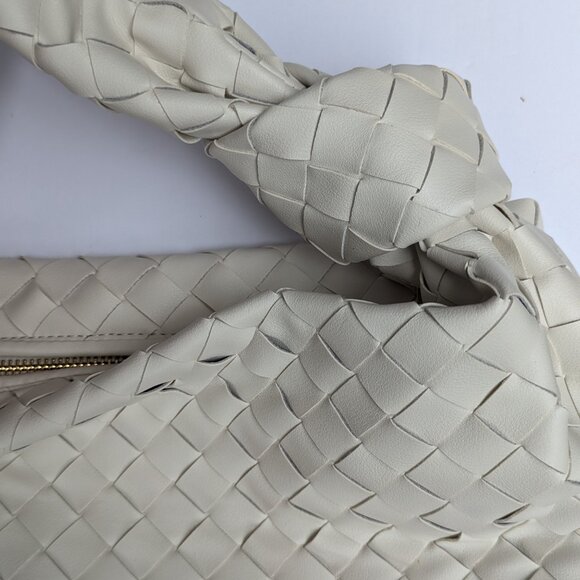 White Leather Shoulder Hand Bag – Chic Bottega Style, Woven Knot Handle NW - Picture 5 of 10